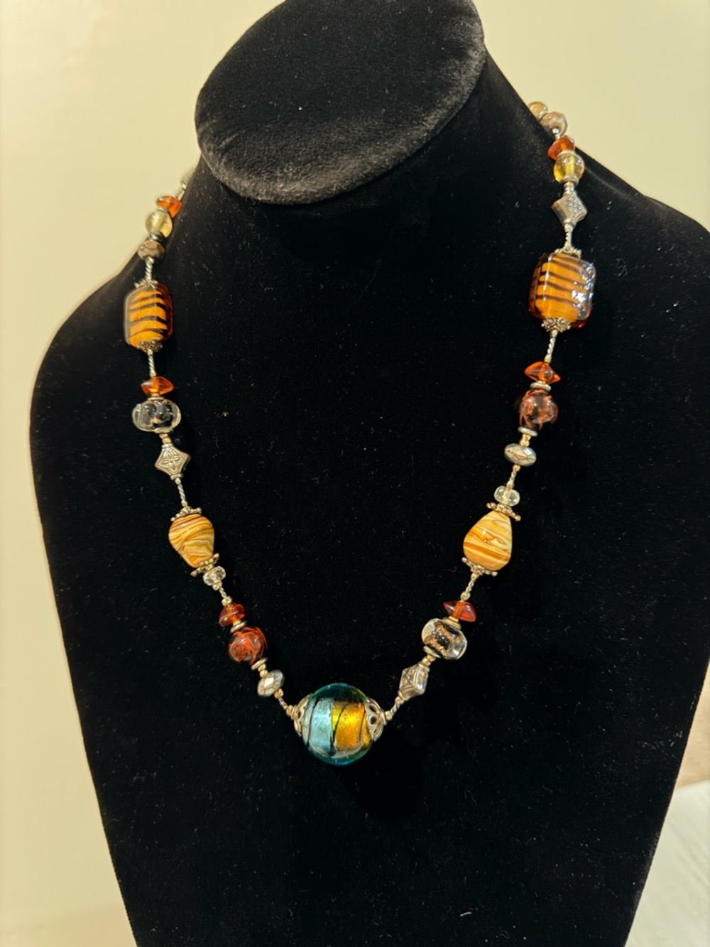 Artisan Amber & Teal Glass Bead Necklace - Women's Jewelry